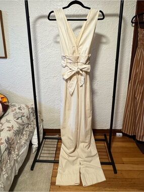 FREE PEOPLE - V-Neck, Cross Back Cream Wide-Leg Jumpsuit with Self-Tie Waist